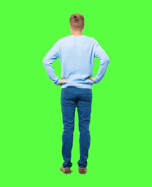 Young Blonde Man Back View Both Hands Hips Akimbo Pose — Stock Photo, Image