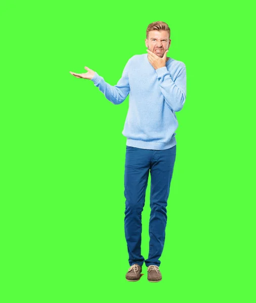 Young Blonde Man Posing Green Background — Stock Photo, Image