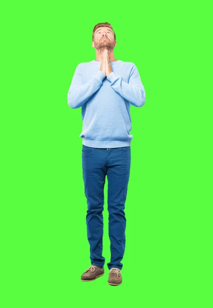 Young Blonde Man Praying Saintly Manner Begging Please Wish Happen — Stock Photo, Image