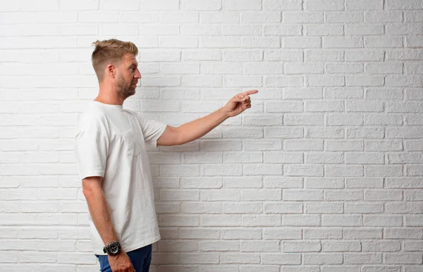 Handsome Blonde Man Pointing Empty Place — Stock Photo, Image