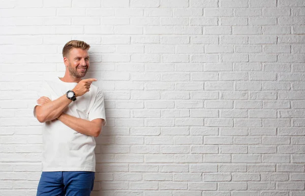 Handsome Blonde Man Pointing Empty Place — Stock Photo, Image