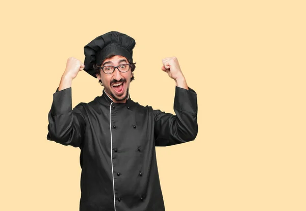 Joven Loco Como Chef Gestionar Victoria Con Una Mirada Feliz — Foto de Stock