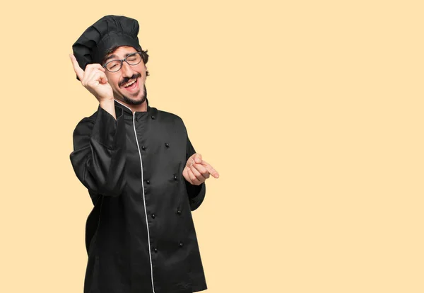 Joven Loco Como Chef Sonriendo Bailando Diversión Música Disco Animada — Foto de Stock