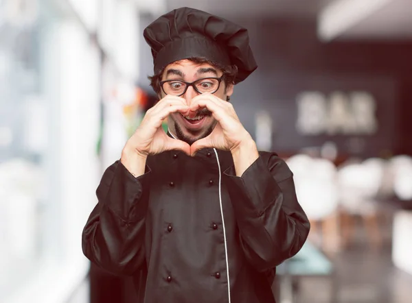 Gek Jongeman Als Een Chef Kok Lacht Zoek Gelukkig Verliefd — Stockfoto