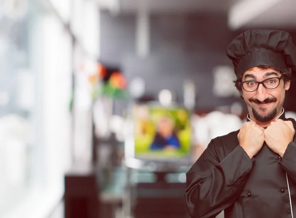 Gek Jongeman Als Een Chef Kok Met Een Blij Verrast — Stockfoto