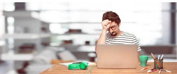 Young Bearded Designer Concentrating Hard Idea Serious Look Facing Downwards — Stock Photo, Image