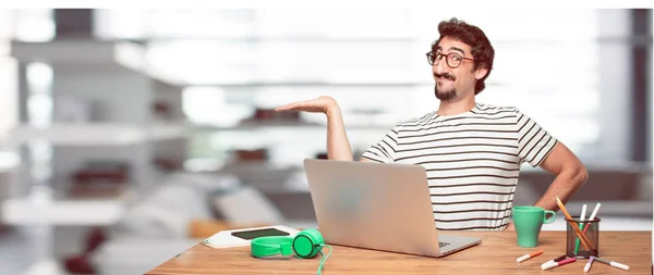 Young Bearded Designer Smiling Satisfied Expression Showing Object Concept Both — Stock Photo, Image