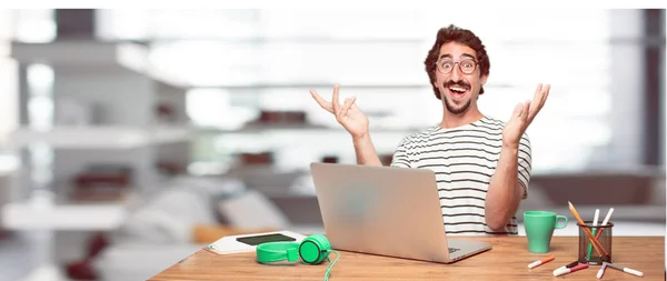 Young Bearded Designer Happy Surprised Expression Eyes Wide Open Broad — Stock Photo, Image