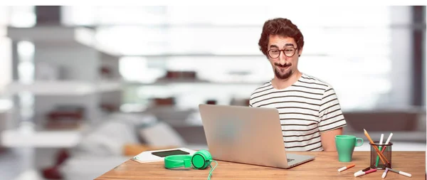 Young Bearded Designer Both Hands Covering Ears Protect Them Uncomfortable — Stock Photo, Image