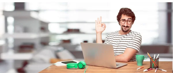 Young Bearded Designer Making Alright Okay Gesture Approvingly Hand Looking — Stock Photo, Image