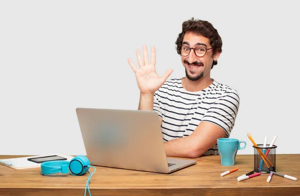 Young Bearded Graphic Designer Laptop Smiling Looking Satisfied Happy Counting — Stock Photo, Image