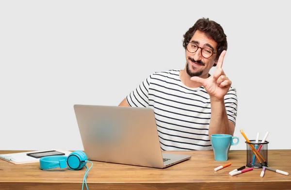 Young Bearded Graphic Designer Laptop Gesturing Loser Fingers Mockingly Happy — Stock Photo, Image