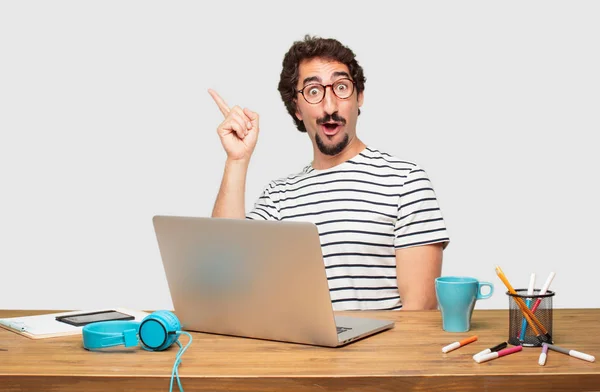 Young Bearded Graphic Designer Laptop Looking Happy Surprised Smiling Thinking — Stock Photo, Image