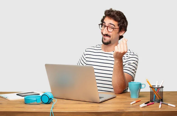 Young Bearded Graphic Designer Laptop Looking Happy Proud Satisfied Gesturing — Stock Photo, Image