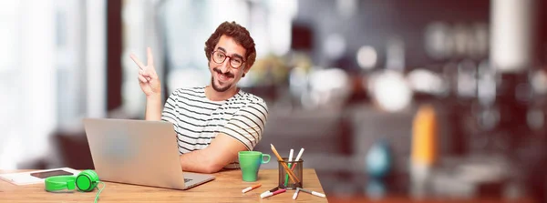 Young Bearded Graphic Designer Laptop Proud Happy Confident Expression Smiling — Stock Photo, Image