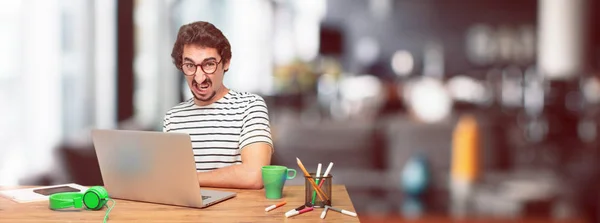 Young Bearded Graphic Designer Laptop Looking Angry Unhappy Frustrated Gesturing — Stock Photo, Image