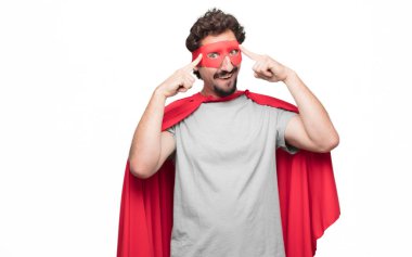 Genç gülümseyen ve şaşırtıcı bir yeni fikir veya çözüm, İsa'nın doğuşu ve ani ilham ile heyecanlı düşünme seyir mutlu ve sürpriz, süper kahraman sakallı.