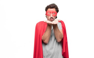 Genç süper kahraman uçan bir gerçek aşk öpücük gönderme bakım, sevgi ve sevgi gösteren sakallı; bir samimi Saint Valentine's mesaj.