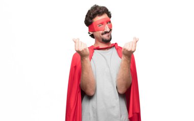 Sakallı genç süper kahraman mutlu, gururlu ve tatmin arayan, el nakit veya para, para birimi veya zenginlik sembolü ile karlı iş ilan.