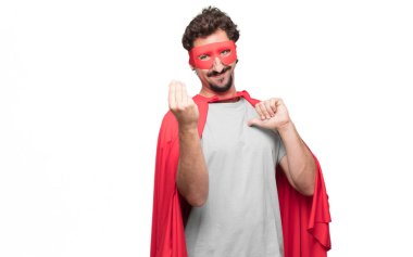 Sakallı genç süper kahraman mutlu, gururlu ve tatmin arayan, el nakit veya para, para birimi veya zenginlik sembolü ile karlı iş ilan.