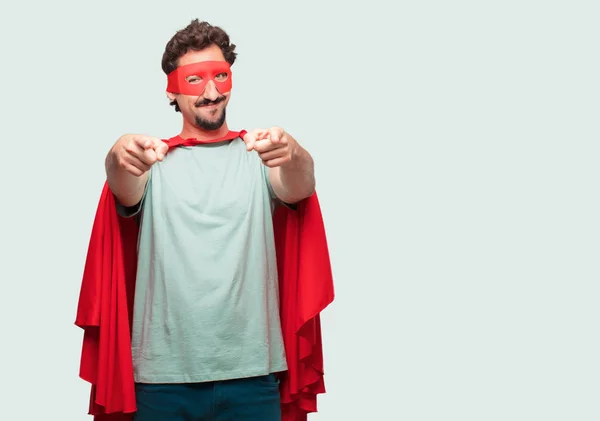 Crazy Man Super Hero Smiling Happily Pointing Forward Both Hands — Stock Photo, Image
