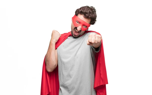 Jeune Super Héros Barbu Avec Une Pose Colère Agressive Menaçante — Photo