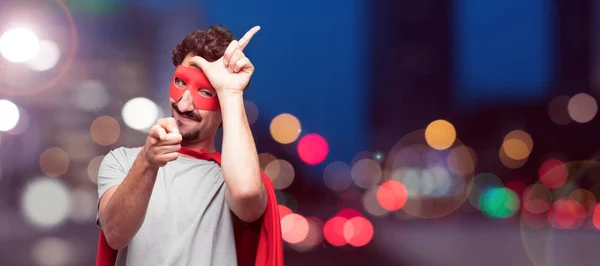 Young Bearded Super Hero Gesturing Loser Fingers Mockingly Happy Proud — Stock Photo, Image