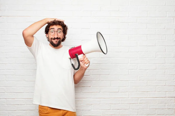 Young Dumb Man Surprised Amazed Expression Holding Both Hands Forehead — Stock Photo, Image