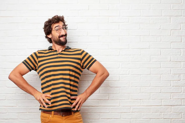 Young Dumb Man Proud Satisfied Happy Look Both Hands Hips — Stock Photo, Image