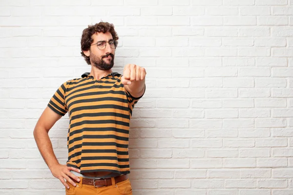 Young Dumb Man Looking Proud Confident Powerful Gesturing Closed Fist — Stock Photo, Image