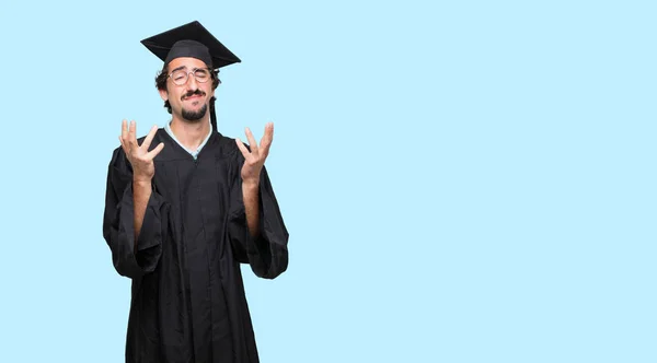 Ung Graderade Man Ser Stressad Och Frustrerad Med Slutna Ögon — Stockfoto