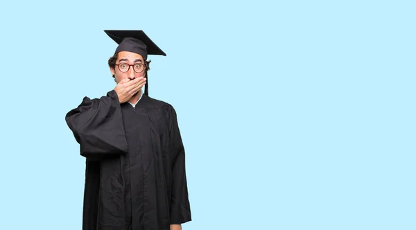Young Graduated Man Stressed Gesture Both Hands Clenched Half Covering — Stock Photo, Image