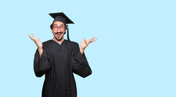 Young Graduated Man Happy Surprised Expression Eyes Wide Open Broad — Stock Photo, Image