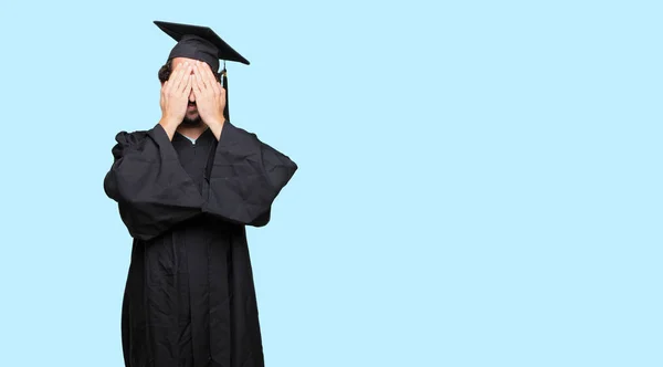 Young Graduated Man Serious Scared Frightened Expression Covering Eyes Both — Stock Photo, Image