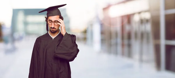 Young Graduated Man Smiling Pointing Upwards Both Hands Place Publicist — Stock Photo, Image
