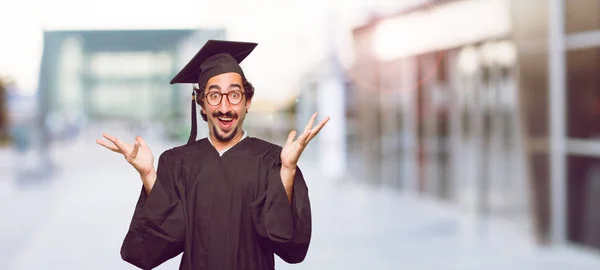 Young Graduated Man Happy Surprised Expression Eyes Wide Open Broad — Stock Photo, Image