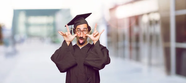 Young Graduated Man Joking Sticking Tongue Out Funny Silly Playful — Stock Photo, Image