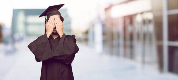 Young Graduated Man Serious Scared Frightened Expression Covering Eyes Both — Stock Photo, Image