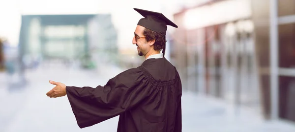 Young Graduated Man Smiling Confident Proud Satisfied Friendly Expression Offering — Stock Photo, Image