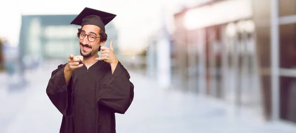 Young Graduated Man Making Phone Call Gesture Sign Proud Happy — Stock Photo, Image