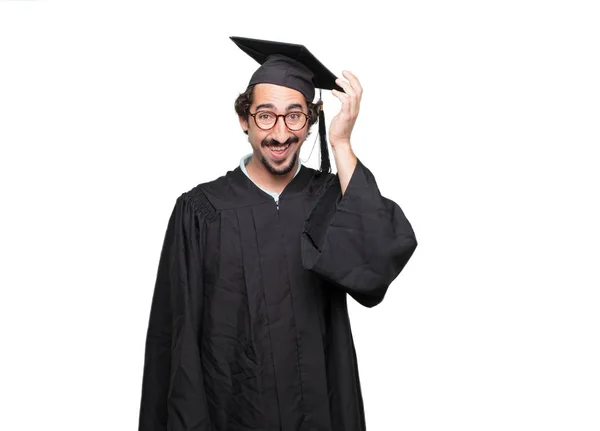 Graduate Skäggig Man Lyckligt Insåg Några Bra Och Överraskande Nyheter — Stockfoto