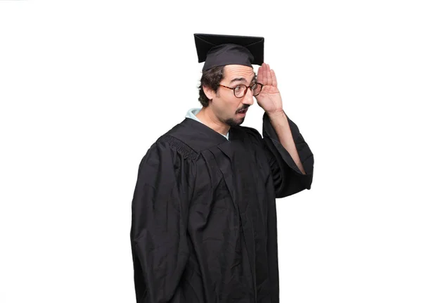 Diplomás Szakállas Ember Figyel Kipróbálás Hoz Hallani Hallgatni Hogy Mit — Stock Fotó