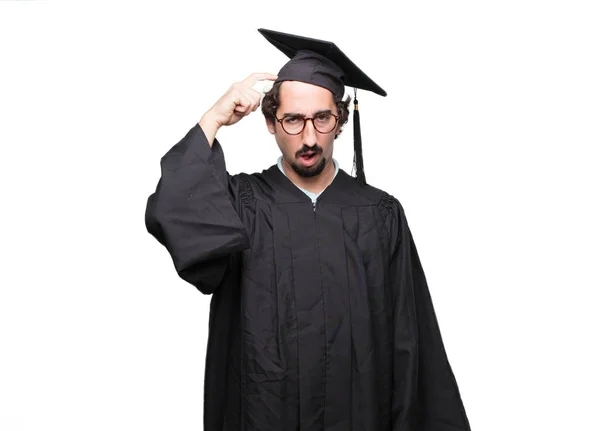Diplomás Szakállas Férfi Egy Ostoba Buta Ostoba Pillantást Érzés Döbbent — Stock Fotó