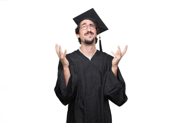 Graduate Bearded Man Goofy Dumb Silly Look Feeling Shocked Confused — Stock Photo, Image