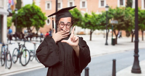 Graduate Bearded Man Gesturing Loser Fingers Mockingly Happy Proud Self — Stock Photo, Image