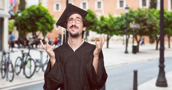 Graduate Bearded Man Goofy Dumb Silly Look Feeling Shocked Confused — Stock Photo, Image