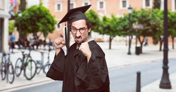 Graduate Bearded Man Angry Aggressive Menacing Pose Ready Fight Showing — Stock Photo, Image
