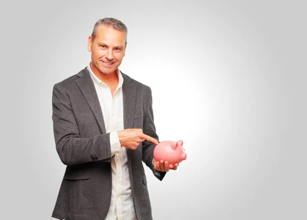 Homem Sênior Bonito Com Banco Porquinho Conceito Poupança — Fotografia de Stock