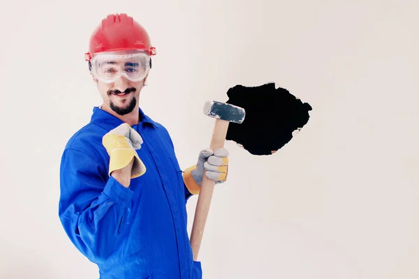 Young Worker Red Protection Helmet Wearing Blue Boiler Suit Demolition — Stock Photo, Image