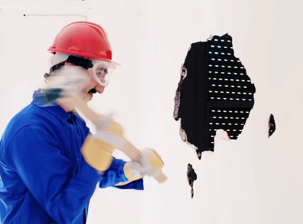 Young Worker Red Protection Helmet Wearing Blue Boiler Suit Demolition — Stock Photo, Image